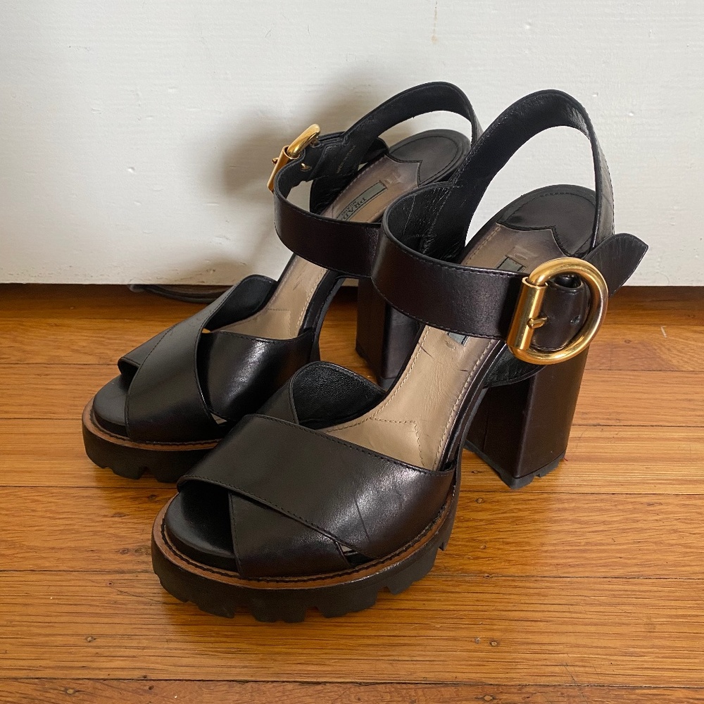 Prada Black Leather Lug Sole Platform Sandals sz 9